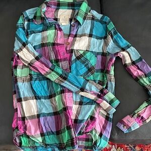 Colorful Plaid Flannel Button-Up Shirt